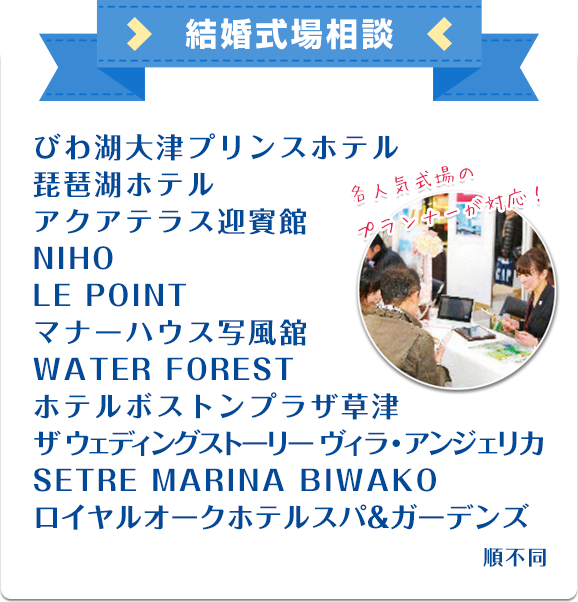 結婚式相談。出店式場は、びわ湖大津プリンスホテル 琵琶湖ホテル アクアテラス迎賓館 NIHO LE POINT マナーハウス写風舘  WATER FOREST ホテルボストンプラザ草津 ザ ウェディングストーリー ヴィラ・アンジェリカ SETRE MARINA BIWAKO ロイヤルオークホテルスパ&ガーデンズ 順不同