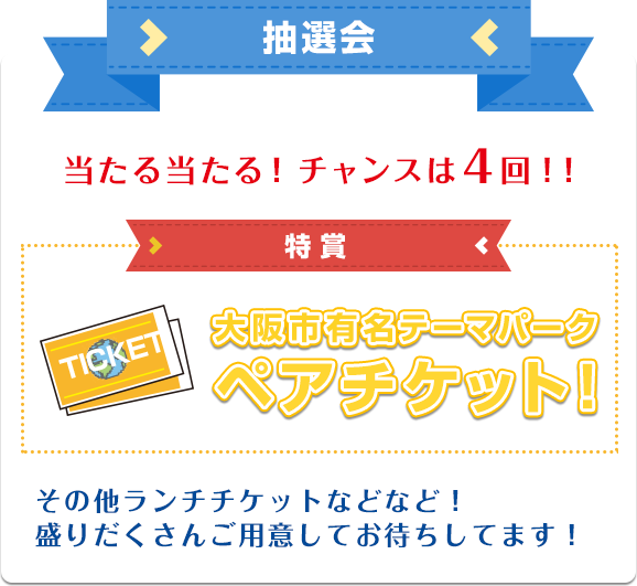 抽選会。当たる当たるチャンスは4回！特賞は大阪市有名テーマパークペアチケット！その他ランチチケットなどなど！盛りだくさんご用意してお待ちしております。